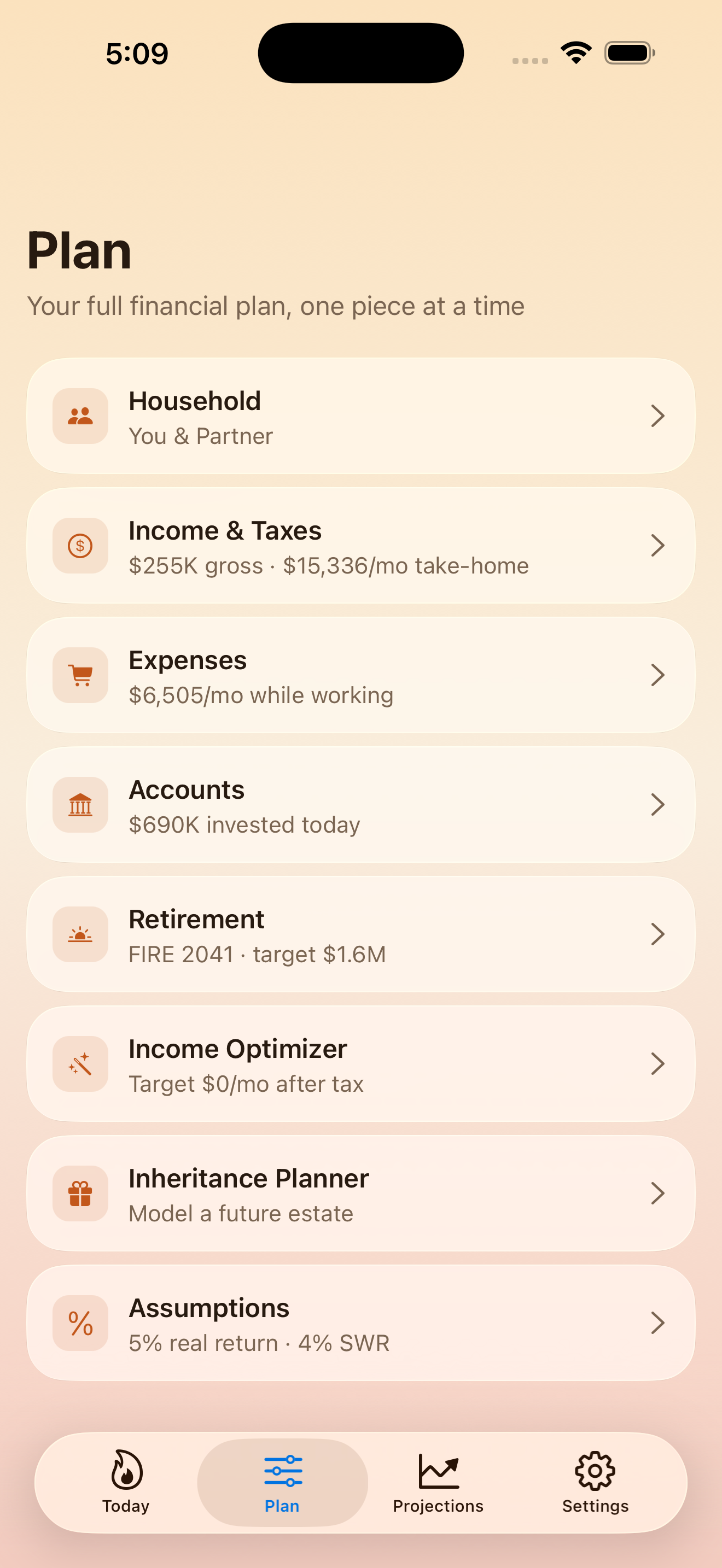 FIRE Path Plan screen with editable household and income inputs