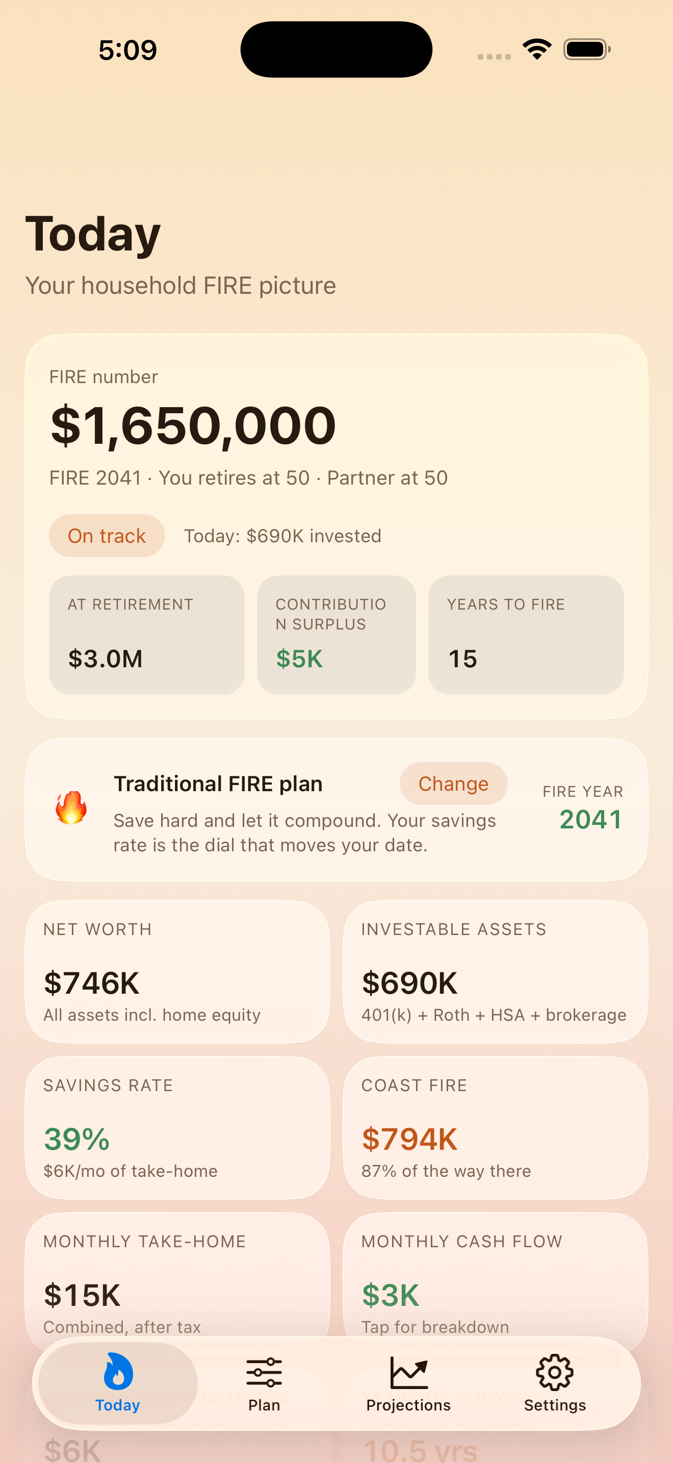FIRE Path Today screen showing a $1,650,000 FIRE number and key stats